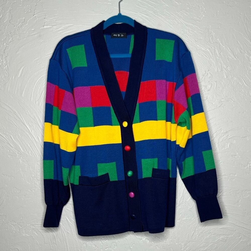 Vintage 80s 90s Colorblock Cardigan Sweater Button Front